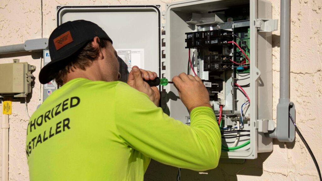Monteur in geel werkshirt schroeft aan een elektrische verdeelkast, personeel werven in de techniek